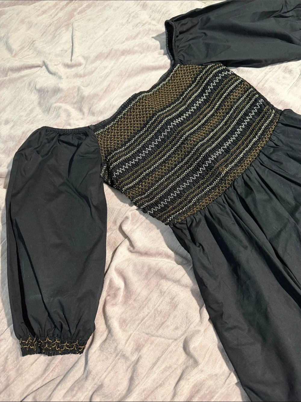 Old Navy Black Dress with Olive and White Smocked Bodice